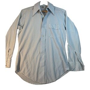 Vintage Montgomery Ward Mens Med Blue Polyester Geometric Shirt 70s Mod Disco